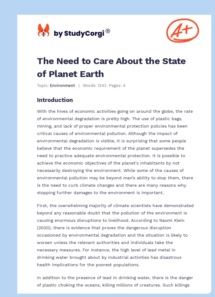 The Need to Care About the State of Planet Earth. Page 1