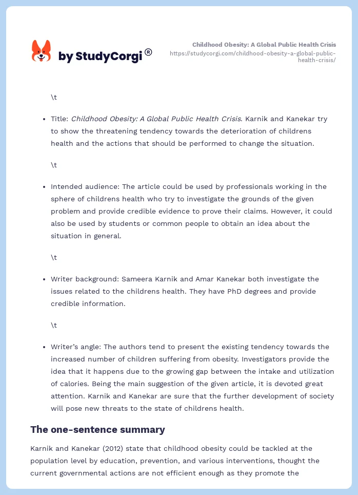 Childhood Obesity: A Global Public Health Crisis. Page 2