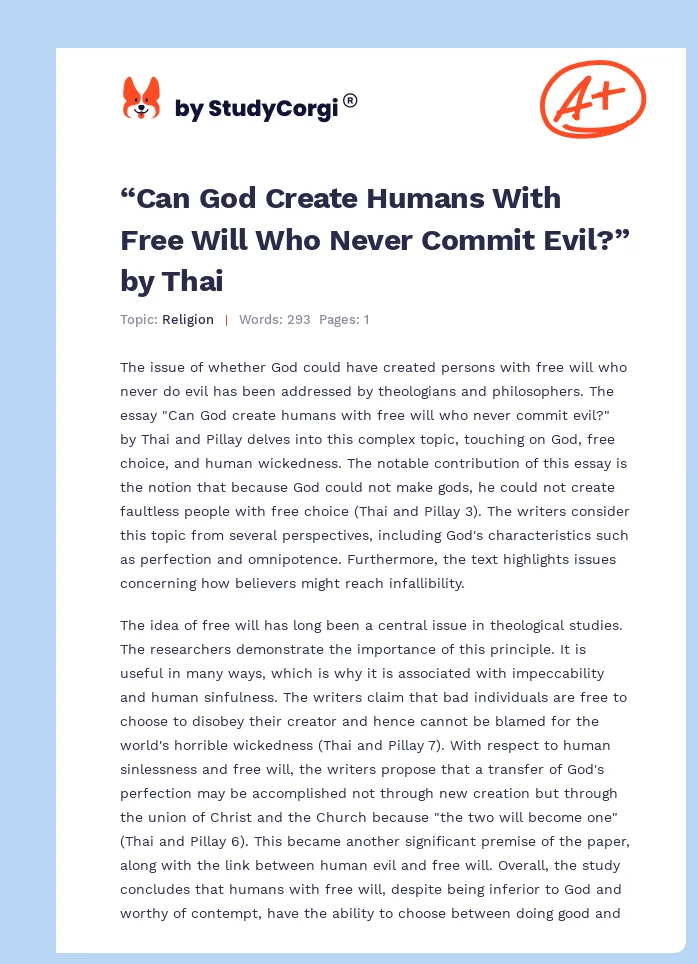 “Can God Create Humans With Free Will Who Never Commit Evil?” by Thai. Page 1
