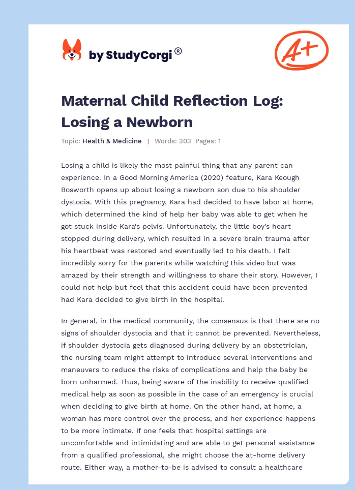 Maternal Child Reflection Log: Losing a Newborn. Page 1