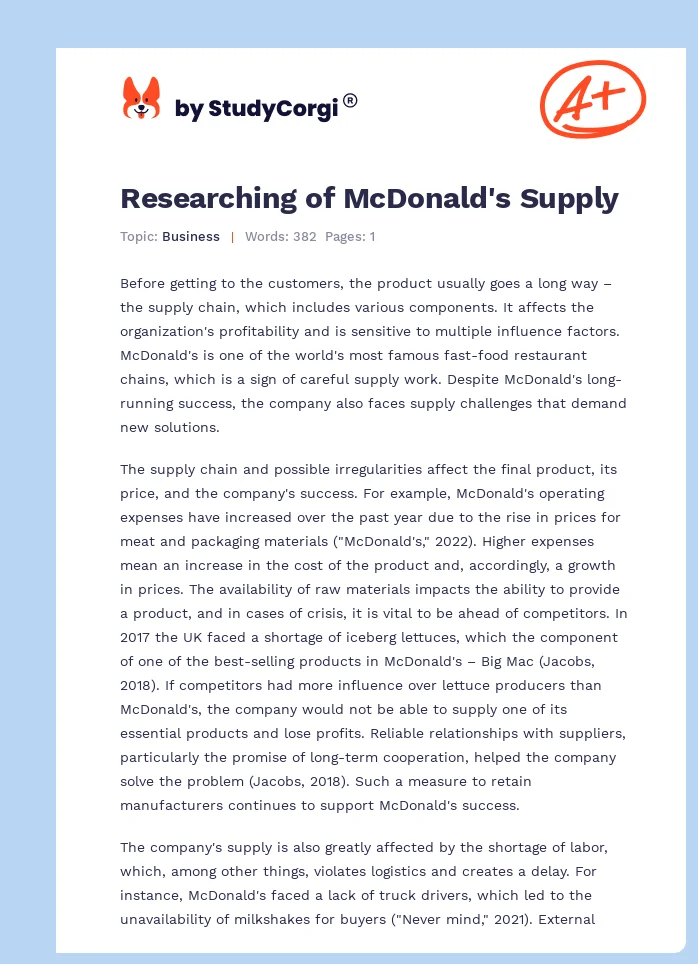Researching of McDonald's Supply. Page 1