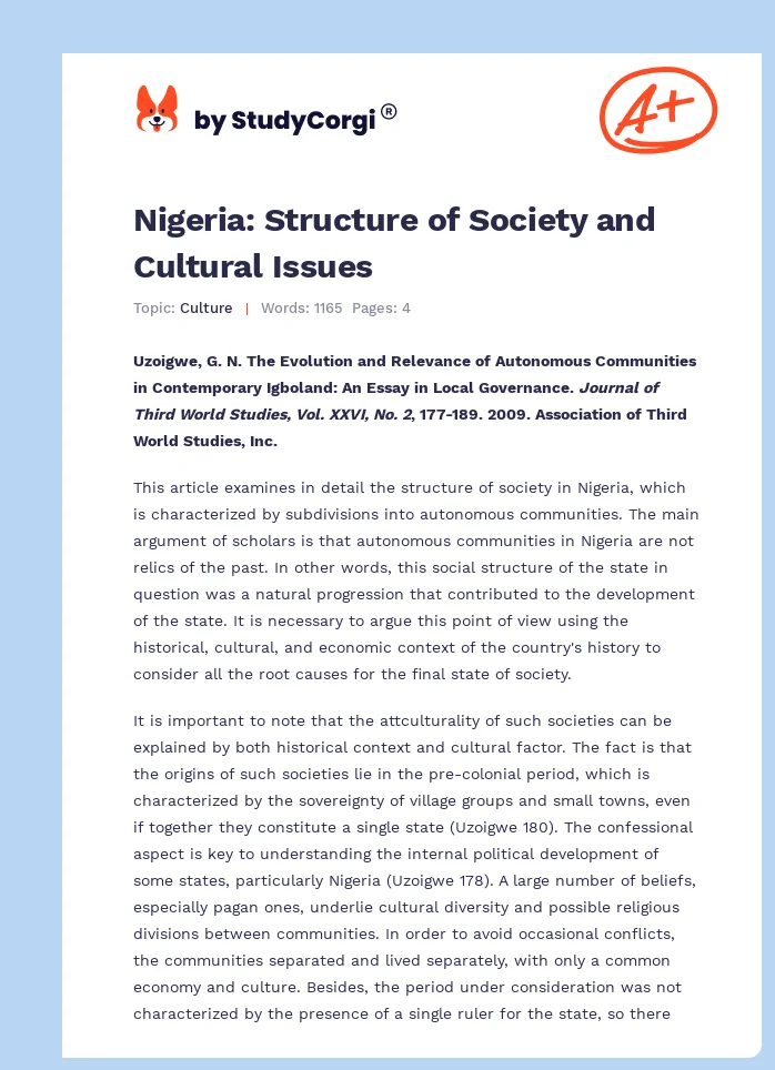Nigeria: Structure of Society and Cultural Issues. Page 1