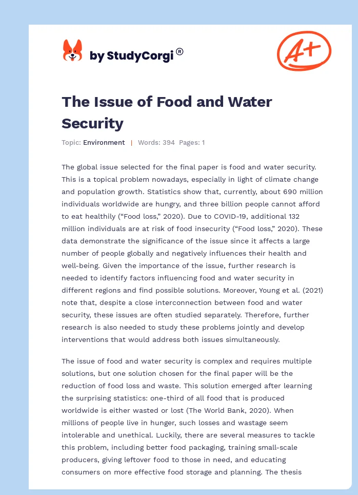 The Issue of Food and Water Security. Page 1