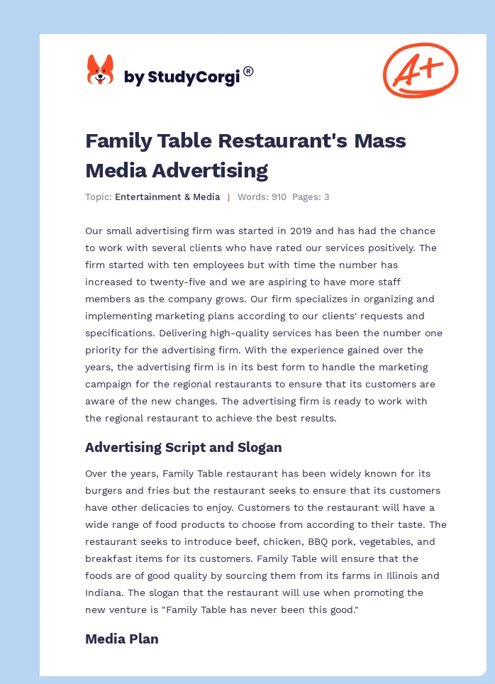 Family Table Restaurant's Mass Media Advertising. Page 1