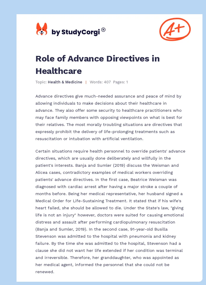 Role of Advance Directives in Healthcare. Page 1