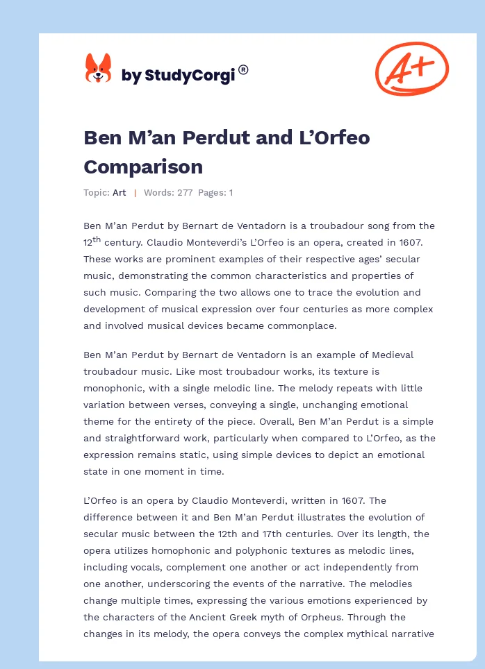Ben M’an Perdut and L’Orfeo Comparison. Page 1