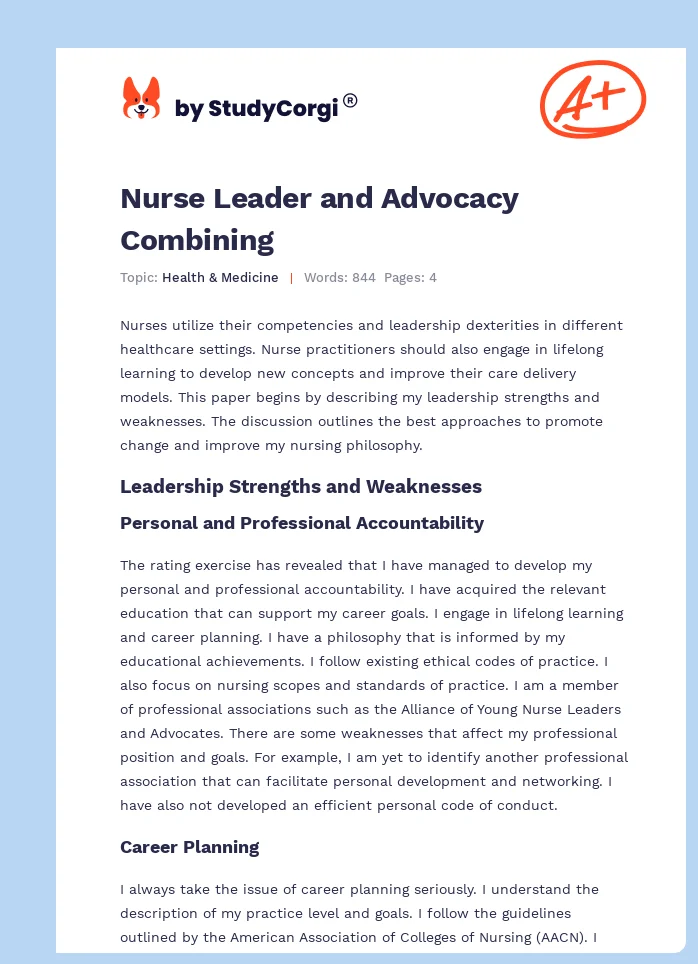 Nurse Leader and Advocacy Combining. Page 1