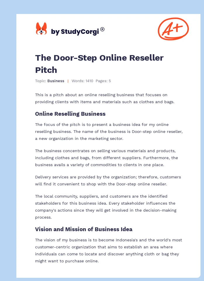 The Door-Step Online Reseller Pitch. Page 1