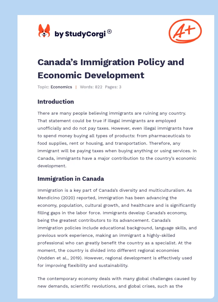 Canada’s Immigration Policy and Economic Development. Page 1