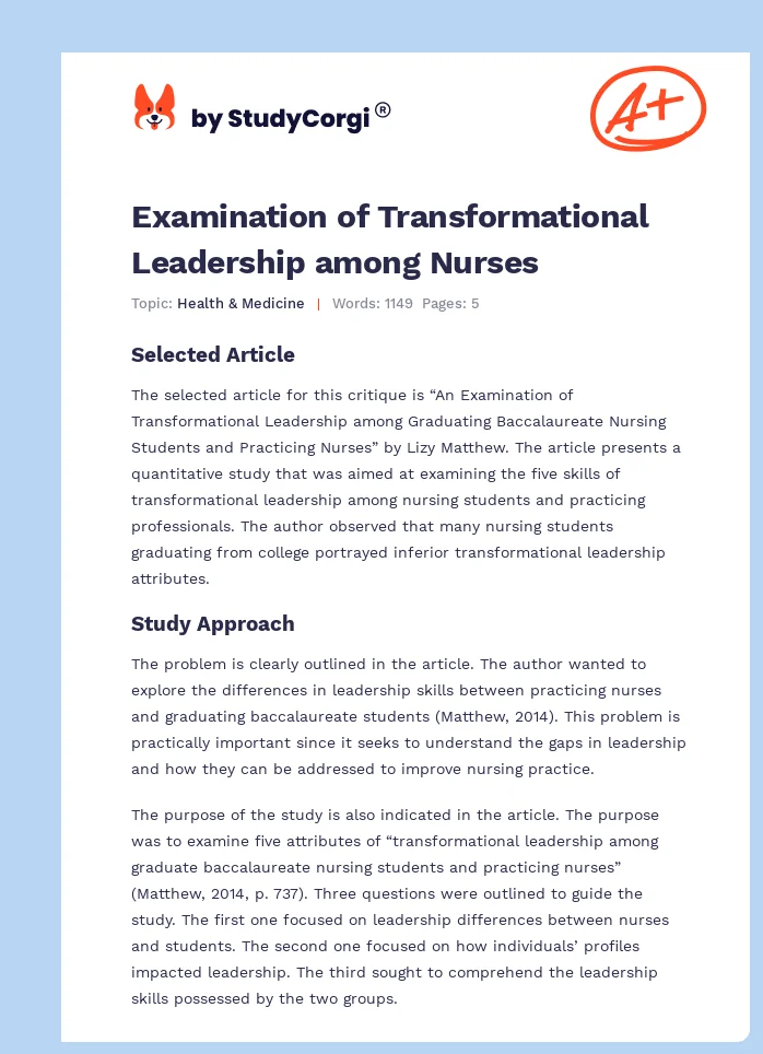 Examination of Transformational Leadership among Nurses. Page 1
