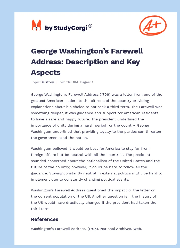 George Washington’s Farewell Address: Description and Key Aspects. Page 1