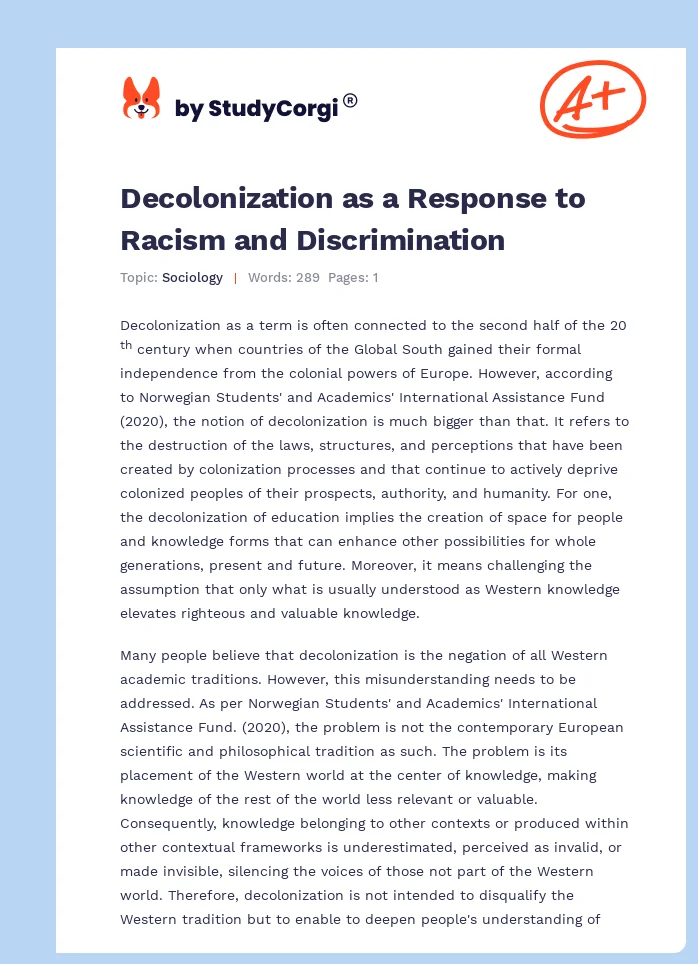 Decolonization as a Response to Racism and Discrimination. Page 1