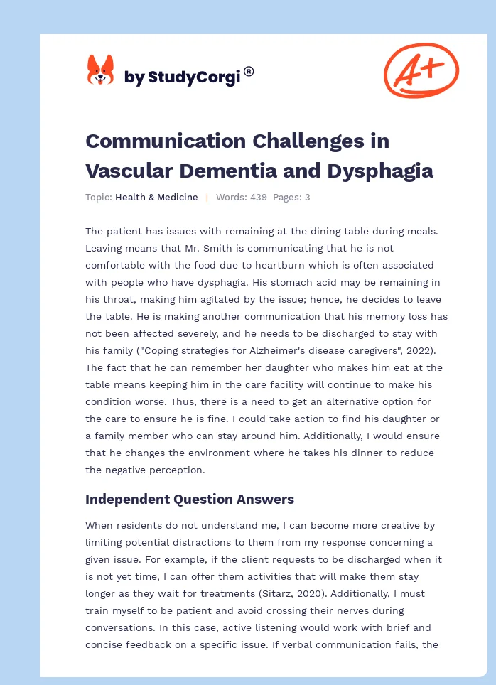 Communication Challenges in Vascular Dementia and Dysphagia. Page 1
