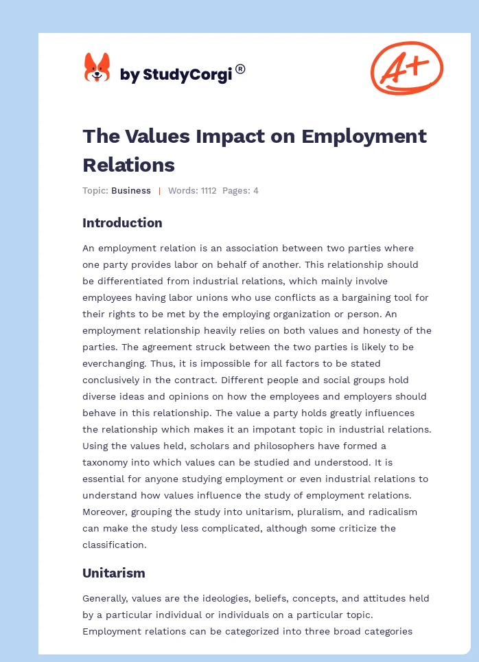 The Values Impact on Employment Relations. Page 1
