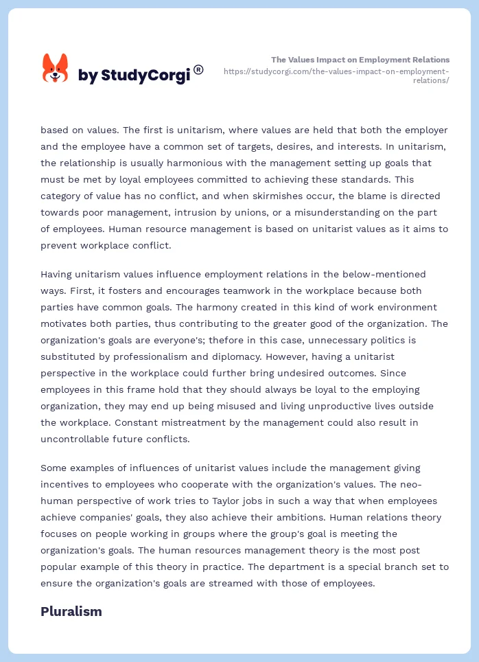 The Values Impact on Employment Relations. Page 2