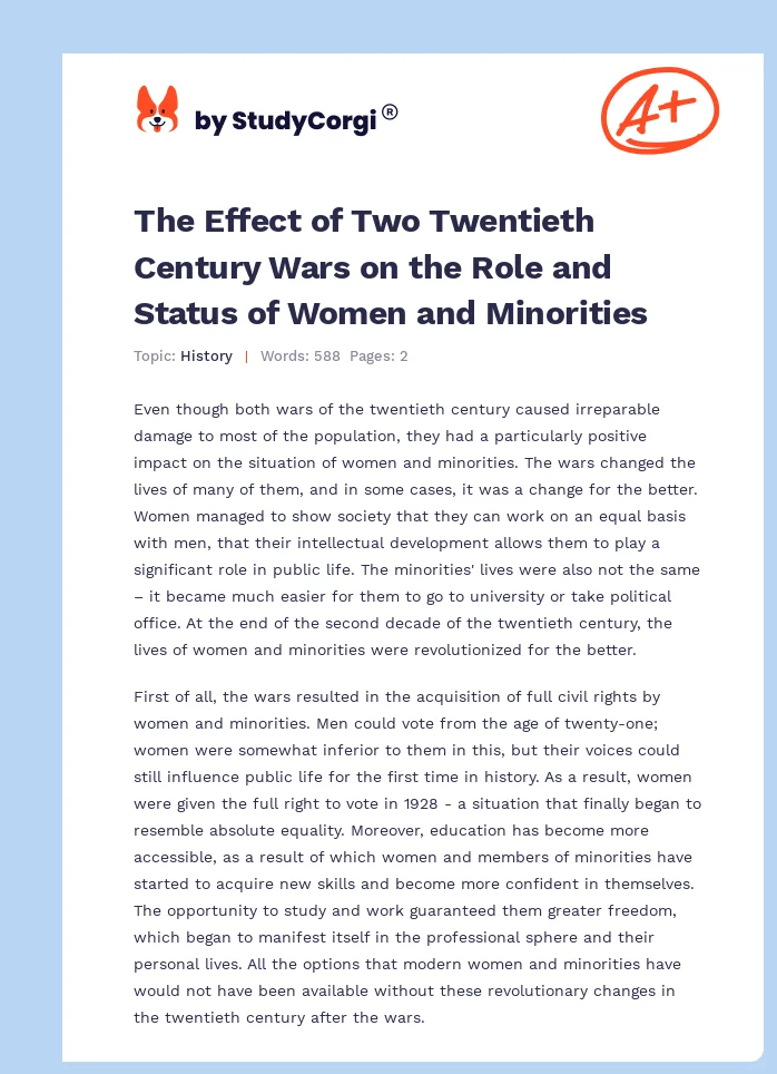 The Effect of Two Twentieth Century Wars on the Role and Status of Women and Minorities. Page 1