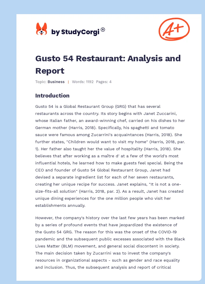 Gusto 54 Restaurant: Analysis and Report. Page 1