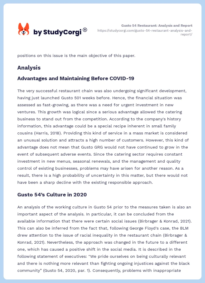 Gusto 54 Restaurant: Analysis and Report. Page 2