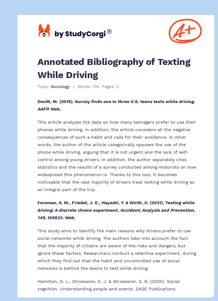 Annotated Bibliography of Texting While Driving. Page 1