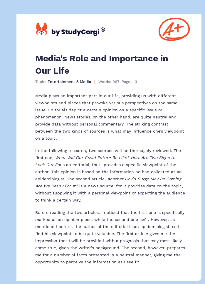 Media's Role and Importance in Our Life. Page 1