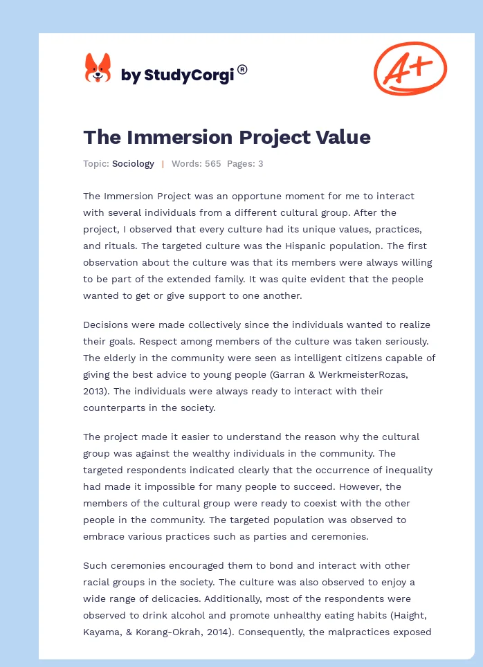 The Immersion Project Value. Page 1