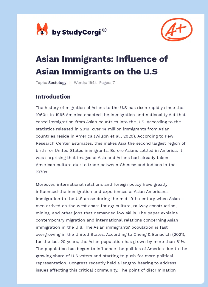 Asian Immigrants: Influence of Asian Immigrants on the U.S. Page 1