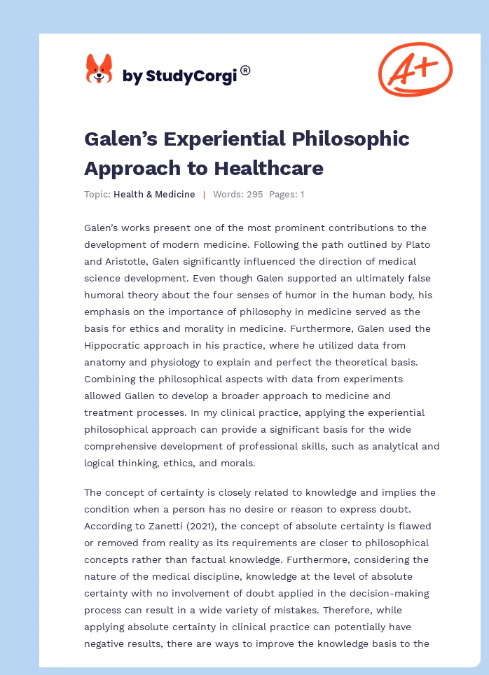Galen’s Experiential Philosophic Approach to Healthcare. Page 1