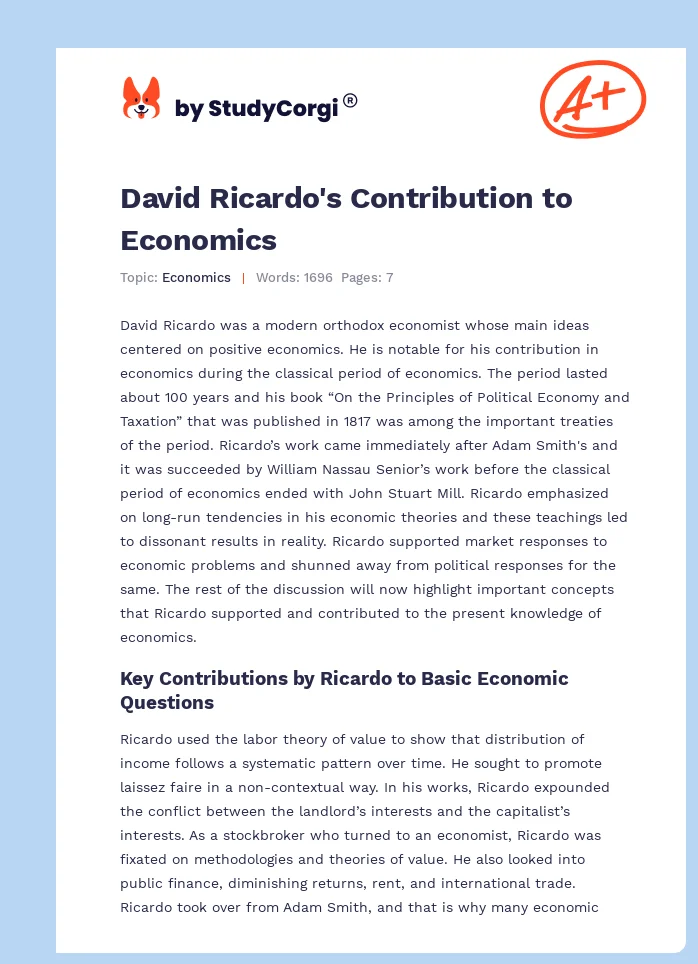 David Ricardo's Contribution to Economics. Page 1