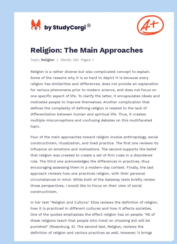 Religion: The Main Approaches. Page 1