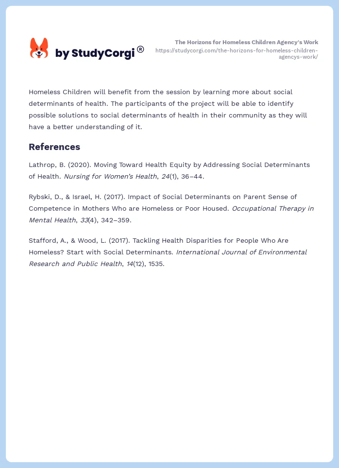 The Horizons for Homeless Children Agency's Work. Page 2