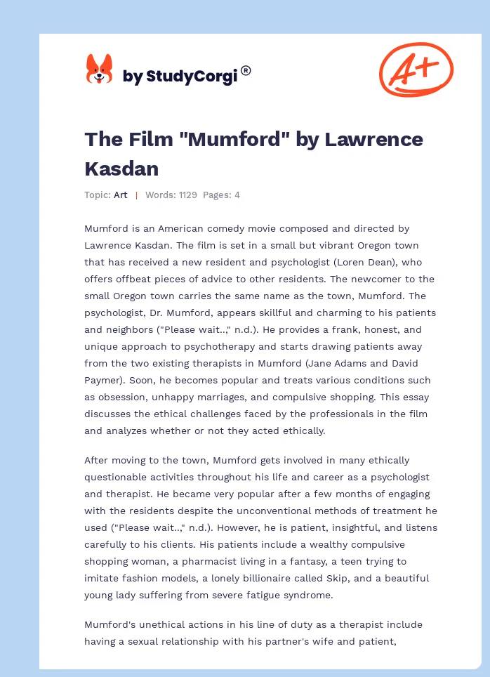 The Film "Mumford" by Lawrence Kasdan. Page 1