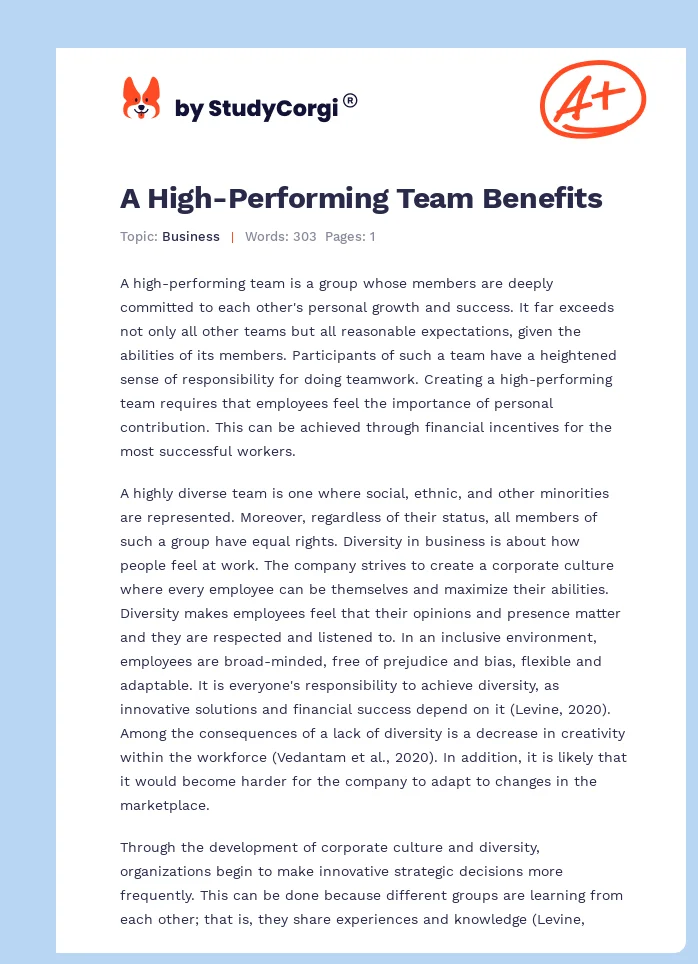 A High-Performing Team Benefits. Page 1