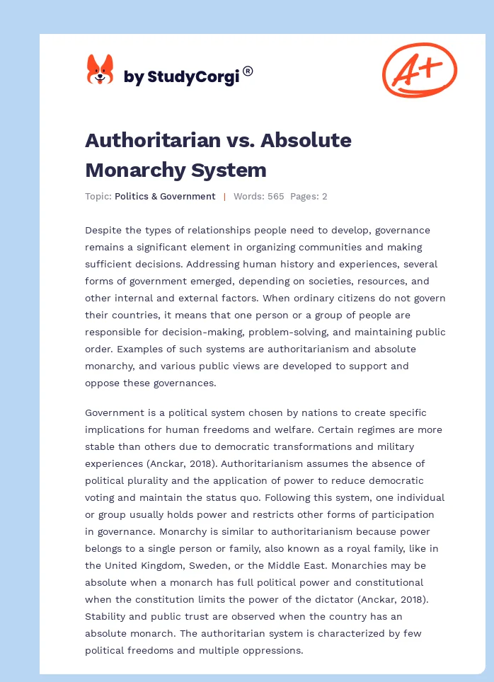 Authoritarian vs. Absolute Monarchy System. Page 1