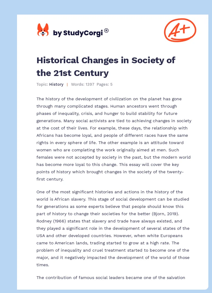 Historical Changes in Society of the 21st Century. Page 1