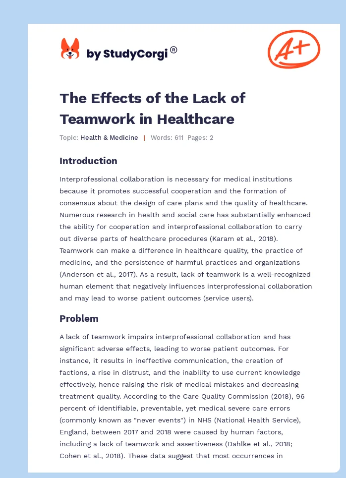 The Effects of the Lack of Teamwork in Healthcare. Page 1