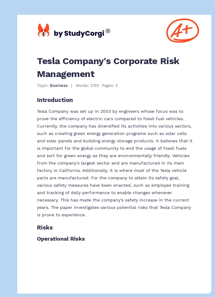 Tesla Company's Corporate Risk Management. Page 1