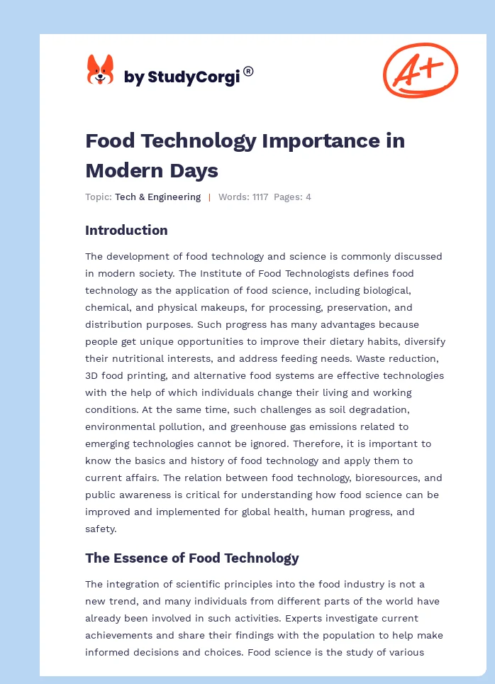 Food Technology Importance in Modern Days. Page 1