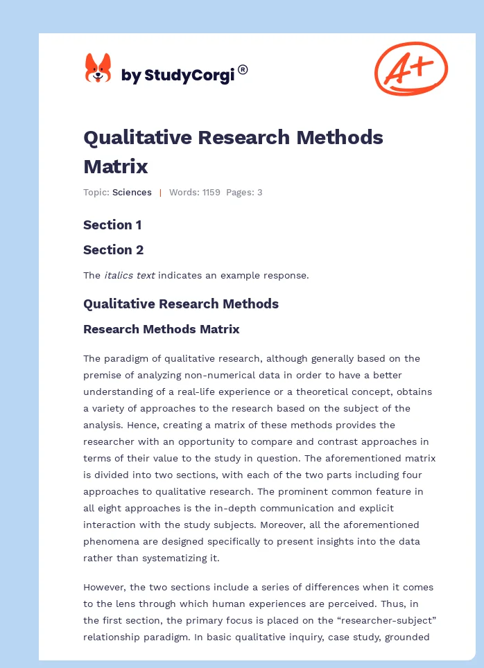 Qualitative Research Methods Matrix. Page 1