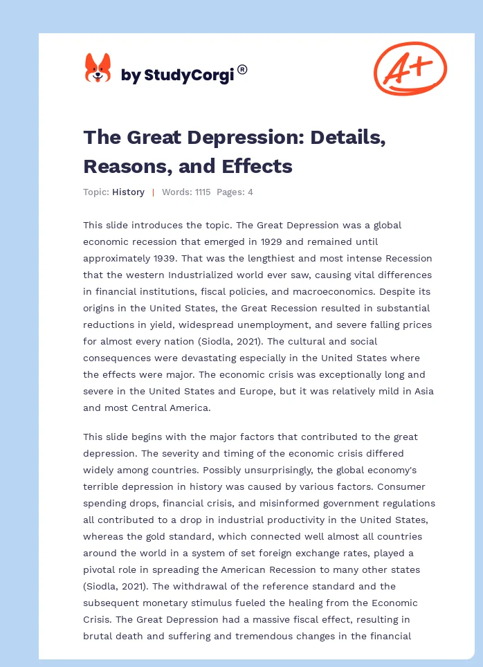 The Great Depression: Details, Reasons, and Effects. Page 1