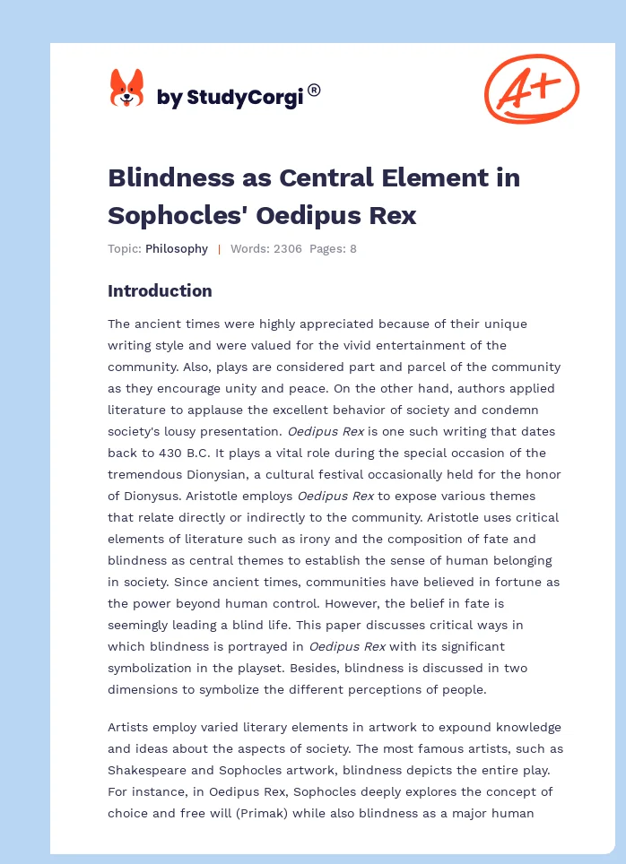 Blindness as Central Element in Sophocles' Oedipus Rex. Page 1