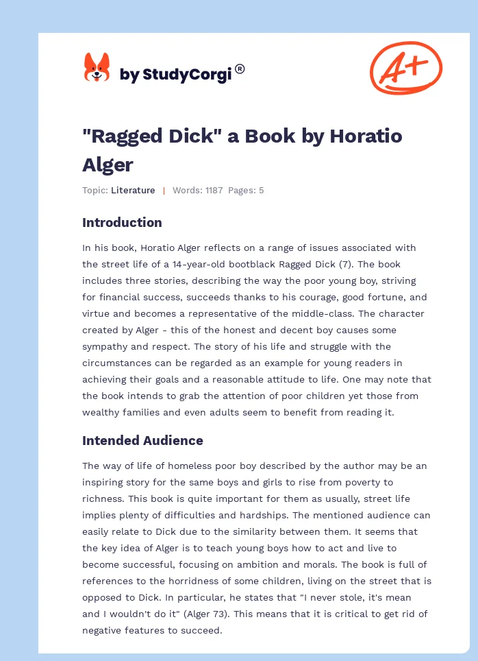 "Ragged Dick" a Book by Horatio Alger. Page 1
