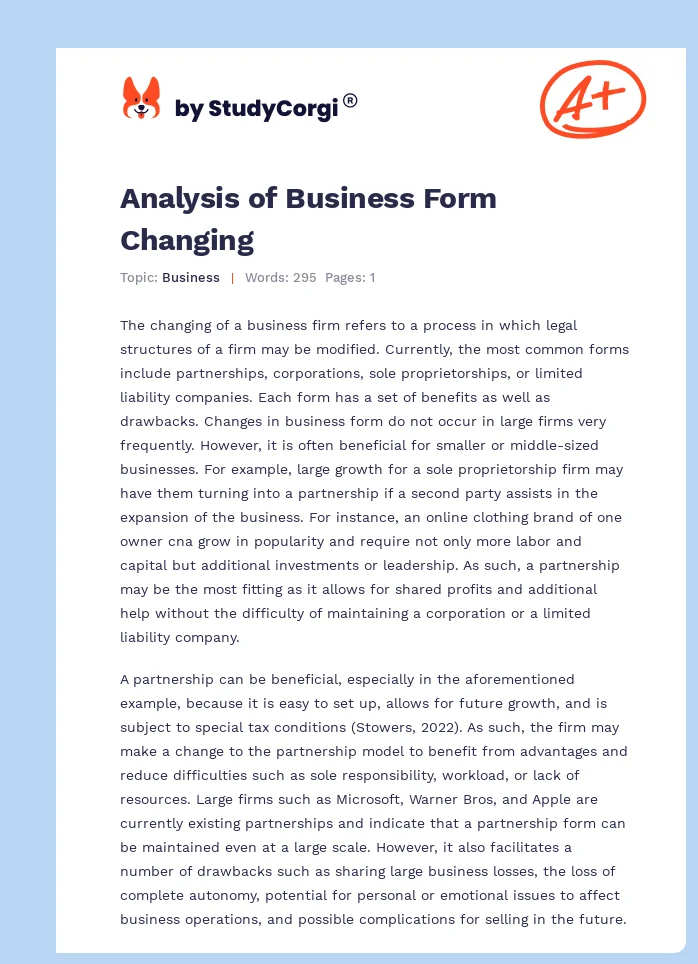Analysis of Business Form Changing. Page 1