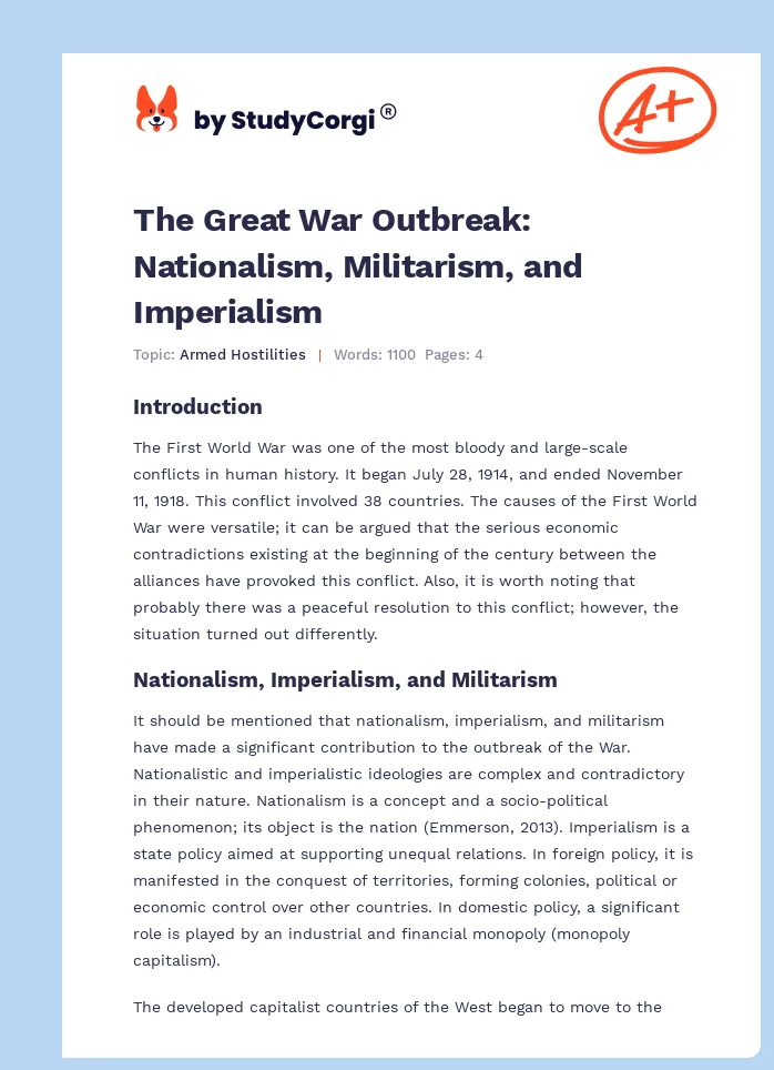 The Great War Outbreak: Nationalism, Militarism, and Imperialism. Page 1