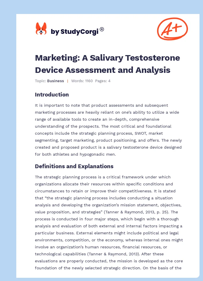 Marketing: A Salivary Testosterone Device Assessment and Analysis. Page 1