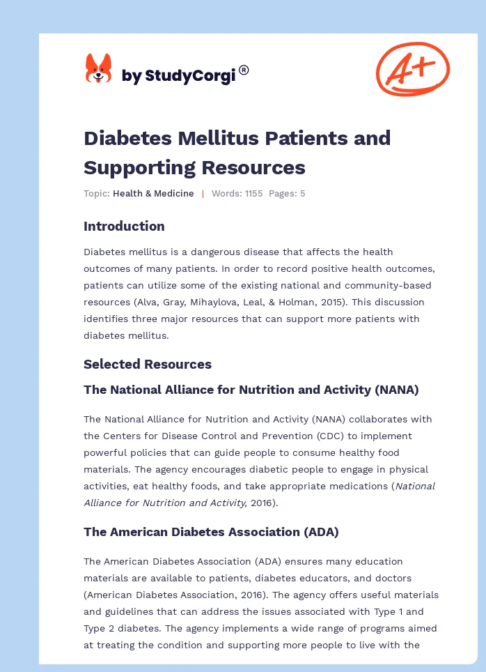Diabetes Mellitus Patients and Supporting Resources. Page 1