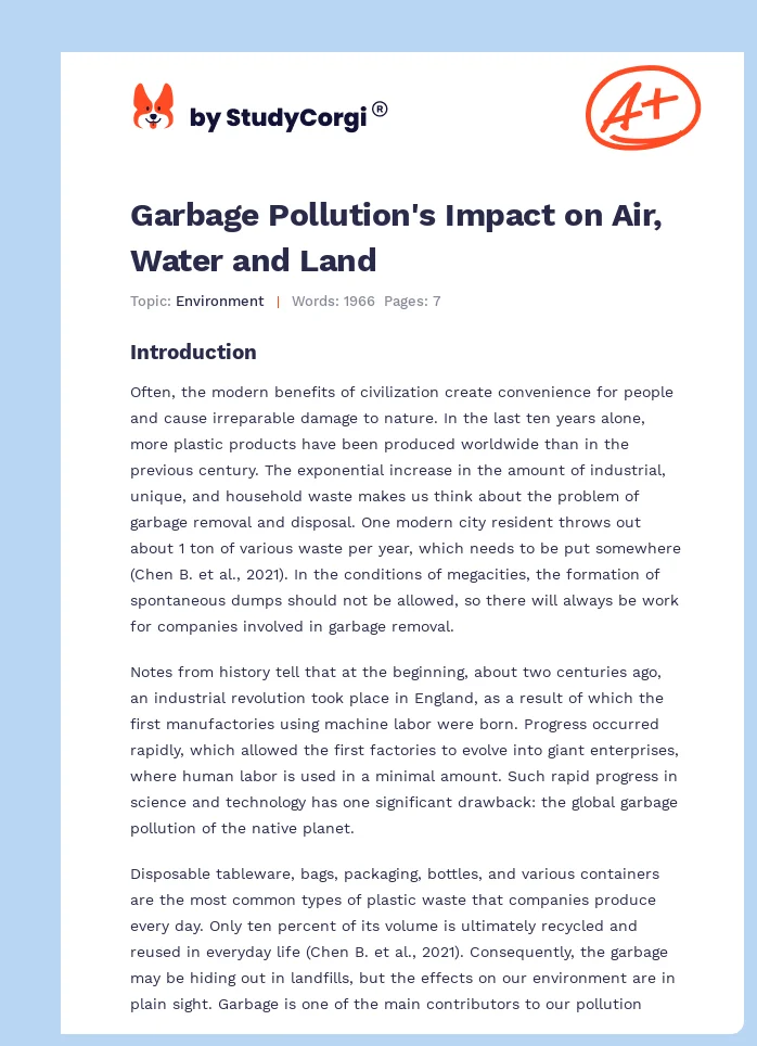Garbage Pollution's Impact on Air, Water and Land. Page 1