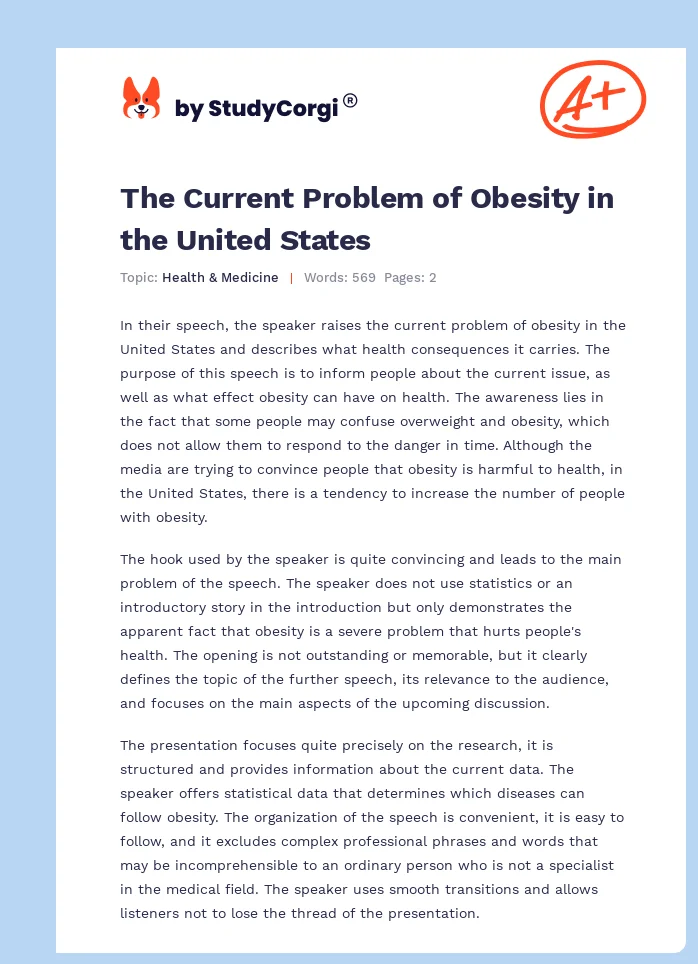 The Current Problem of Obesity in the United States. Page 1