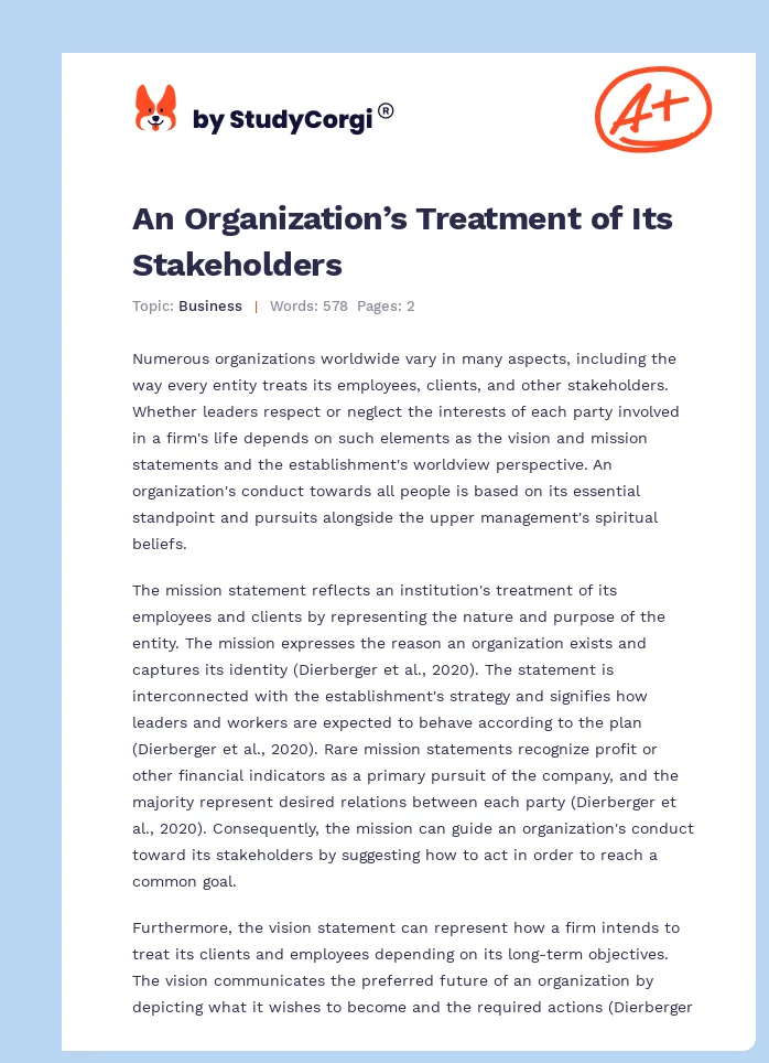 An Organization’s Treatment of Its Stakeholders. Page 1