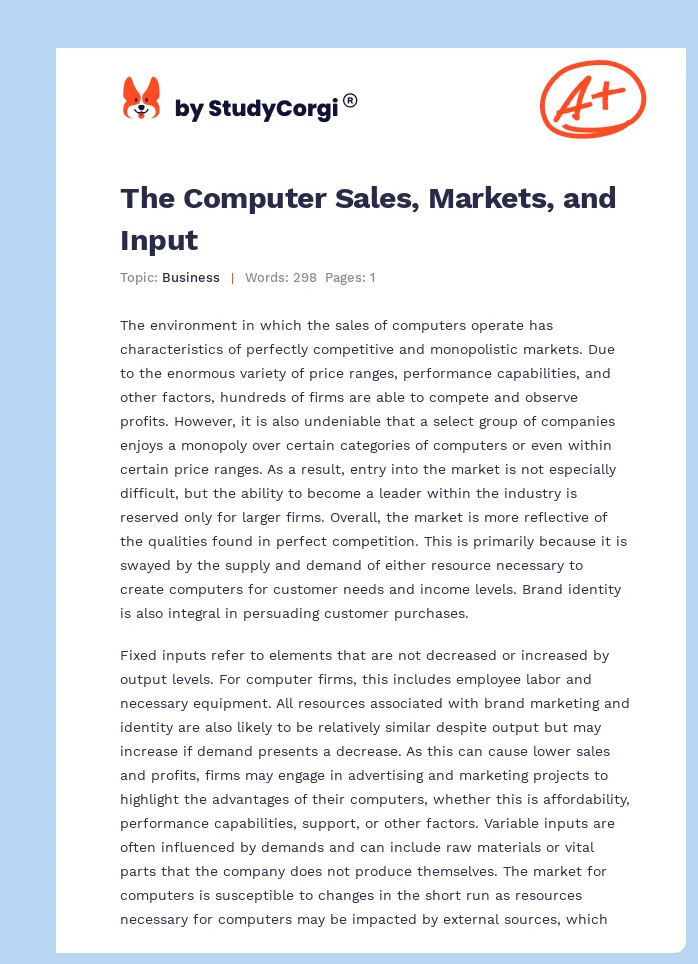 The Computer Sales, Markets, and Input. Page 1