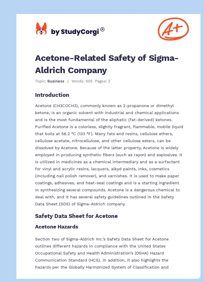 Acetone-Related Safety of Sigma-Aldrich Company. Page 1